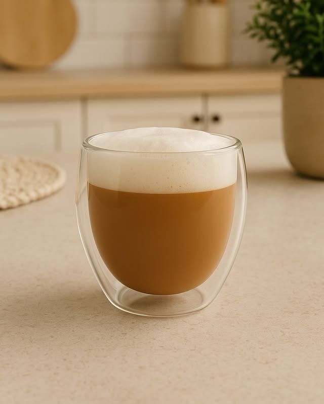 Vaso de café con espuma espesa, sobre una encimera de color claro en un entorno de cocina.