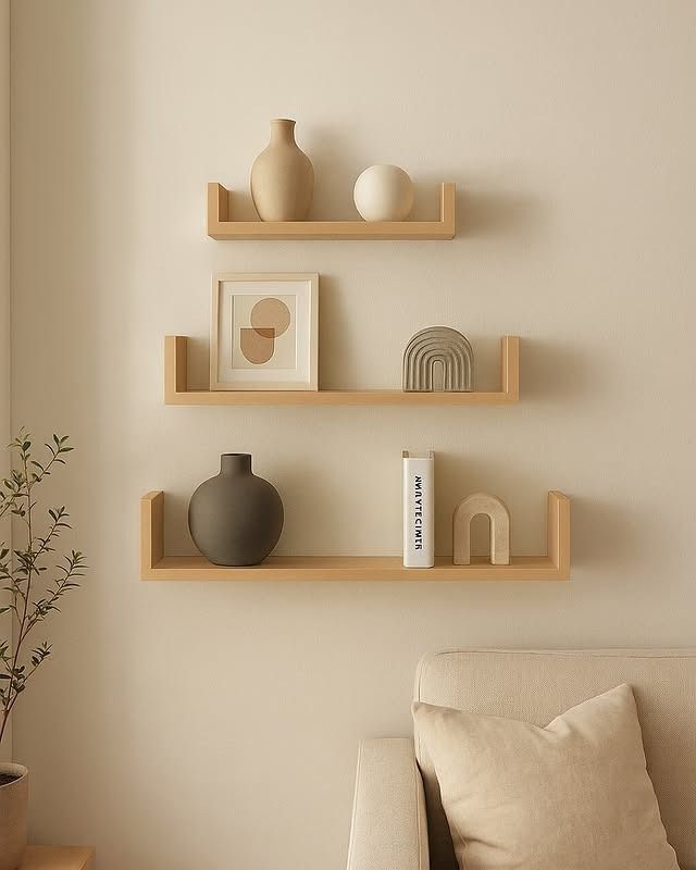 Tres estantes de madera decorados sobre una pared color crema