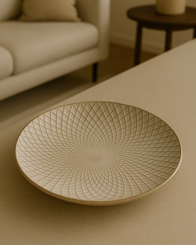 Plato decorativo beige con dibujo geométrico sobre mesa de color claro; sofá y mesa al fondo.