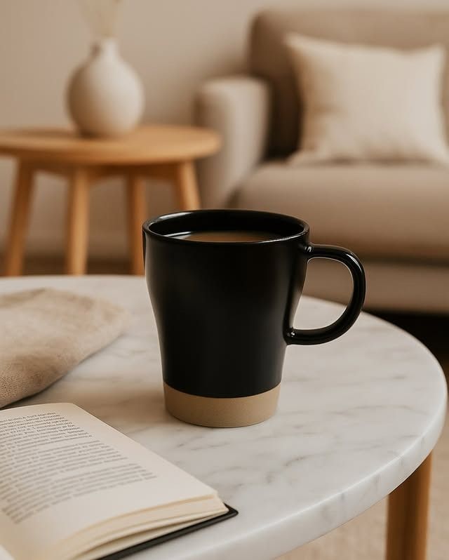 Taza negra sobre una mesa de mármol con un libro, junto a un sofá beige y una pequeña mesa de madera.