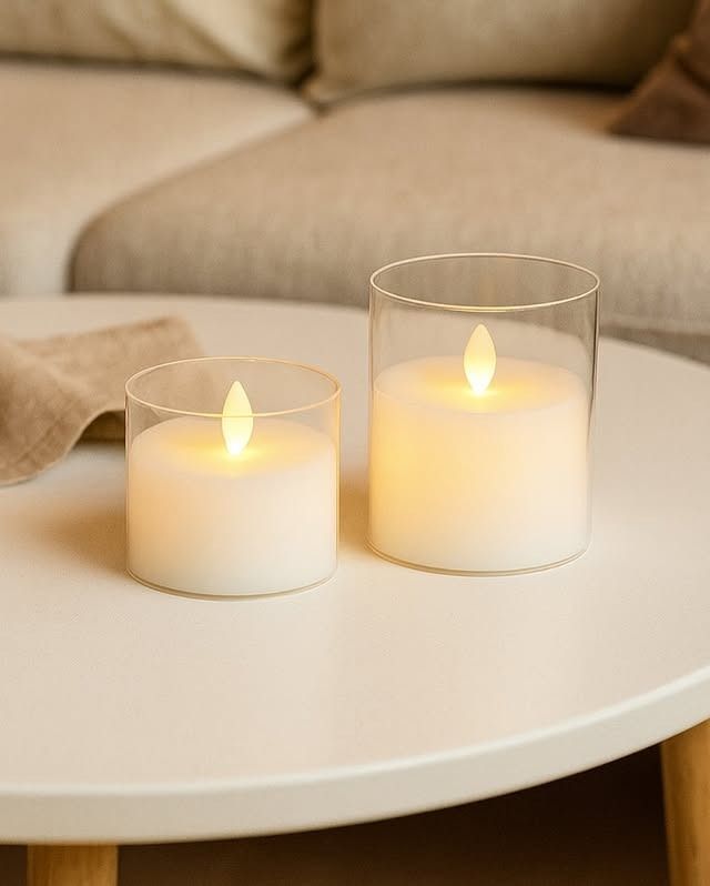 Dos velas LED blancas en soportes de cristal transparente sobre una mesa blanca.