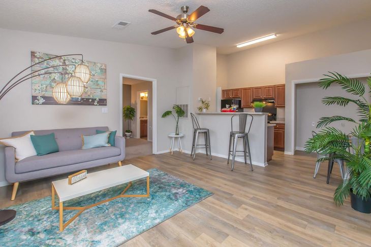 Living room with a gray couch, blue rug, and kitchen bar.