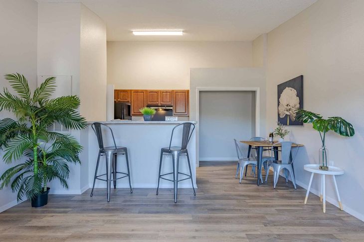 Living room with a gray couch, blue rug, and kitchen bar.