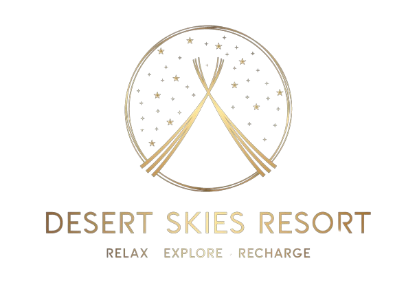 Desert Skies Resort logo: gold teepee within a circle of stars, text "Desert Skies Resort"  "Relax Explore Recharge" 