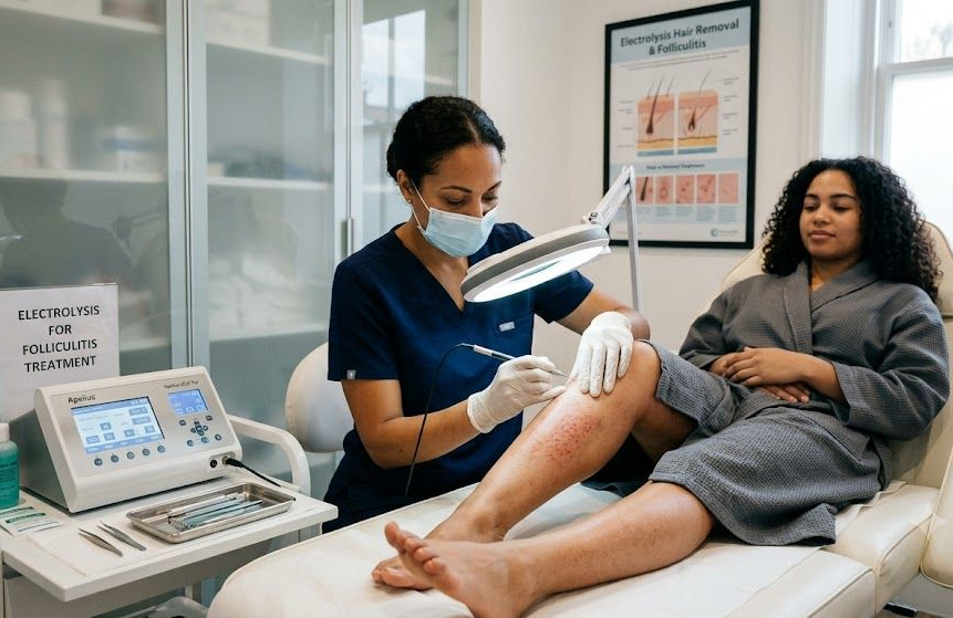 A clinician in gloves applies a laser treatment to a reclining patient wearing protective goggles.