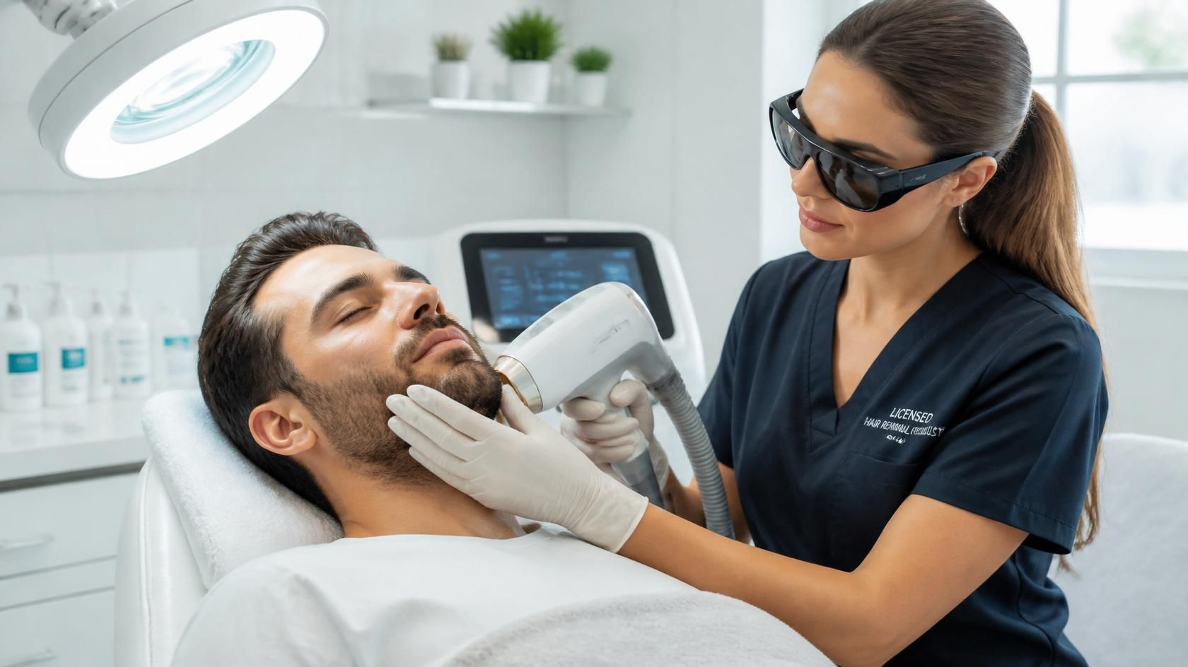 Dental clinician examining a patient’s face in a bright treatment room, using a handheld device.