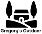 Black icon: a house between two trees on a hill; Gregory's Outdoor logo.