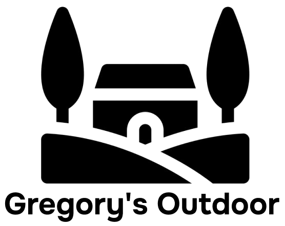 Black icon: a house between two trees on a hill; Gregory's Outdoor logo.