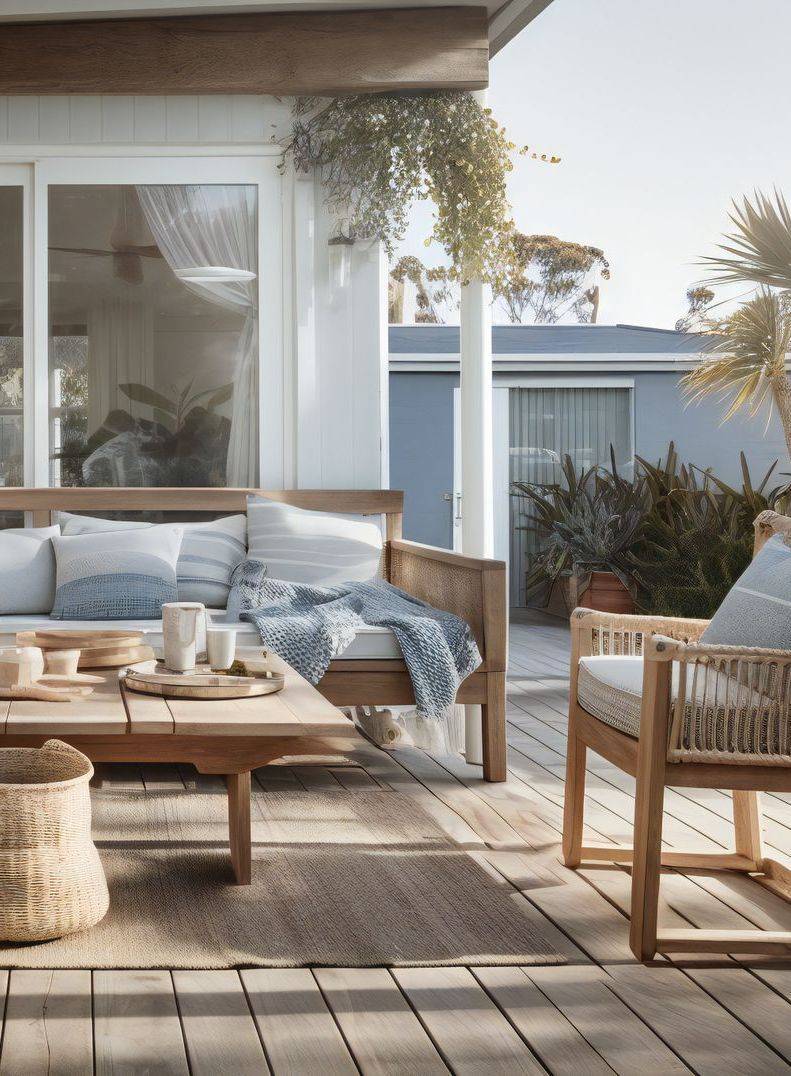 A patio with a couch , chair , coffee table and rug.