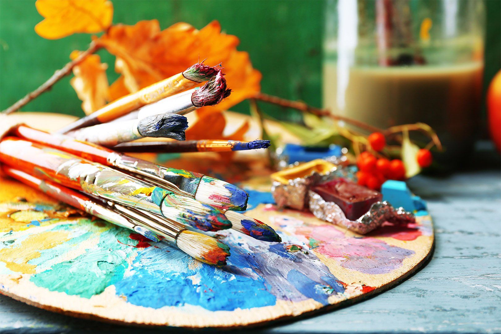 Beautiful still life with professional art materials, close up