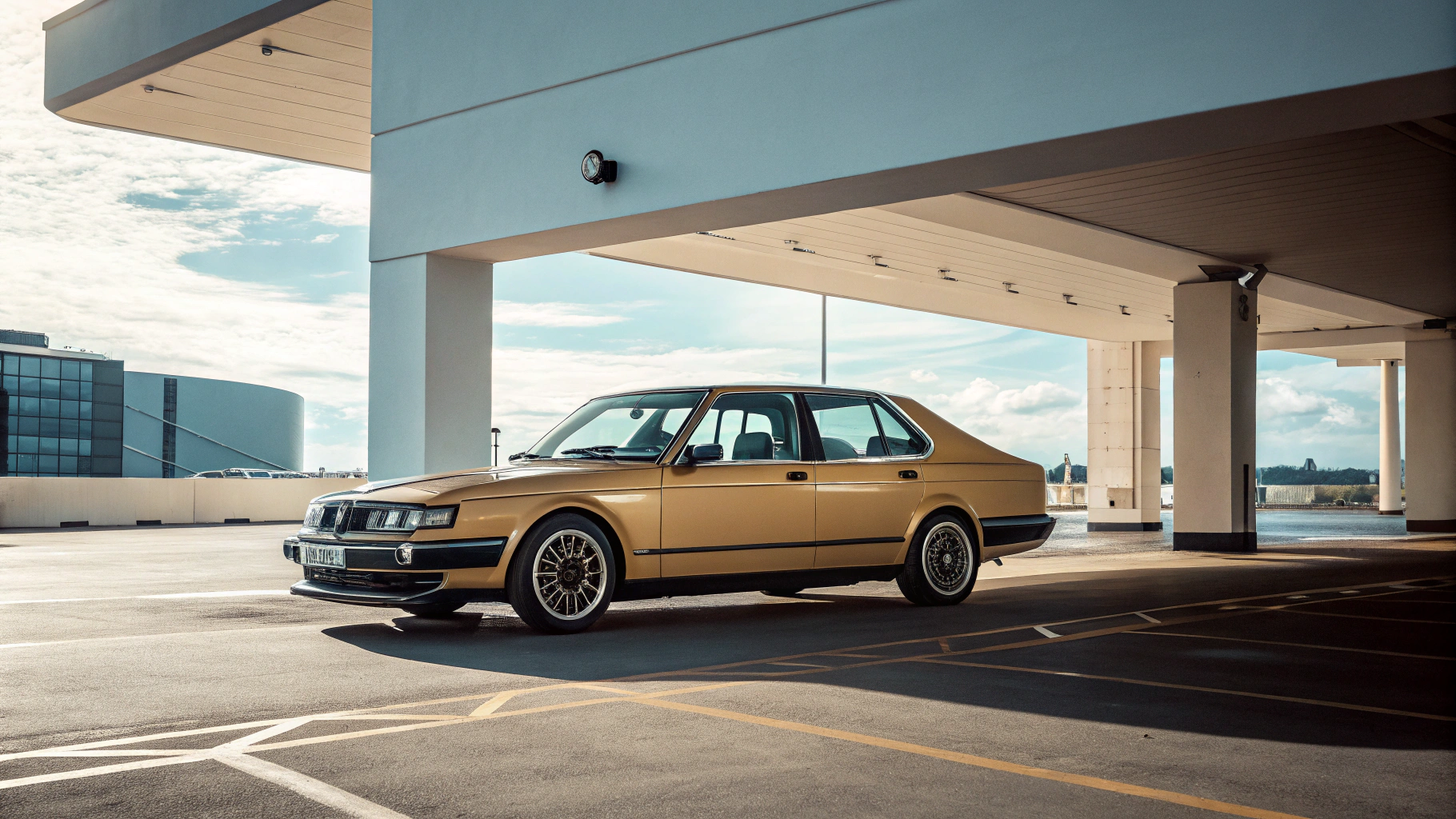 Mid-century modern credenza with a lamp and decorative objects, in a sunlit room.