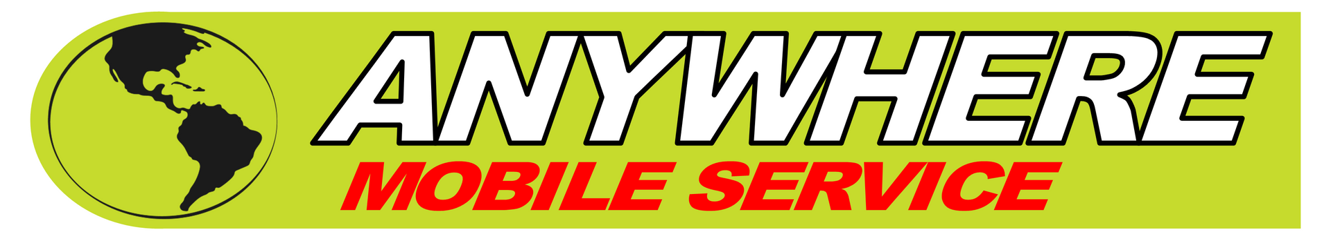 Logo for Anywhere Mobile Service: globe icon and text on a green rectangular background.