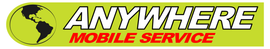 Logo for Anywhere Mobile Service: globe icon and text on a green rectangular background.