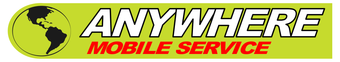 Logo for Anywhere Mobile Service: globe icon and text on a green rectangular background.