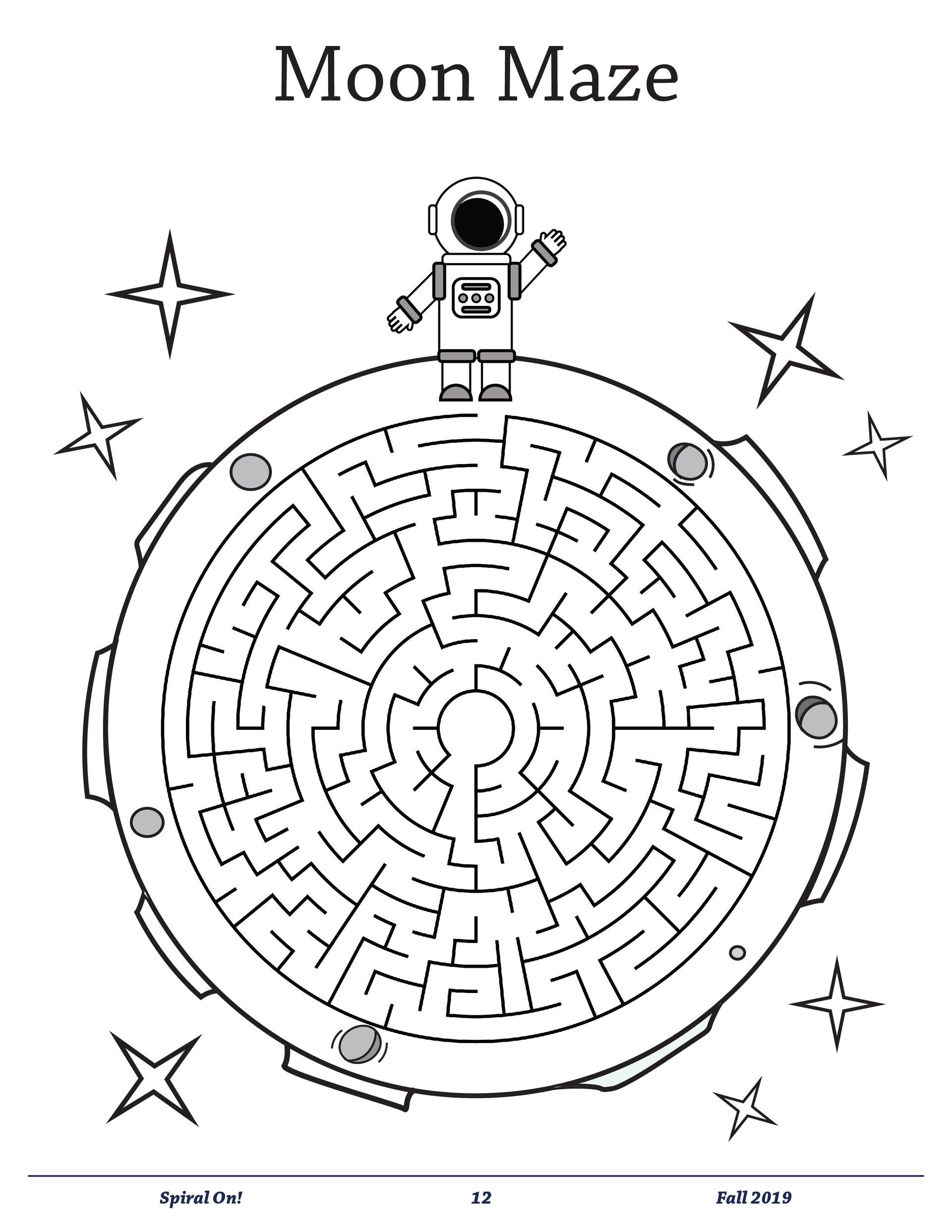 A black and white maze with an astronaut on top of it.