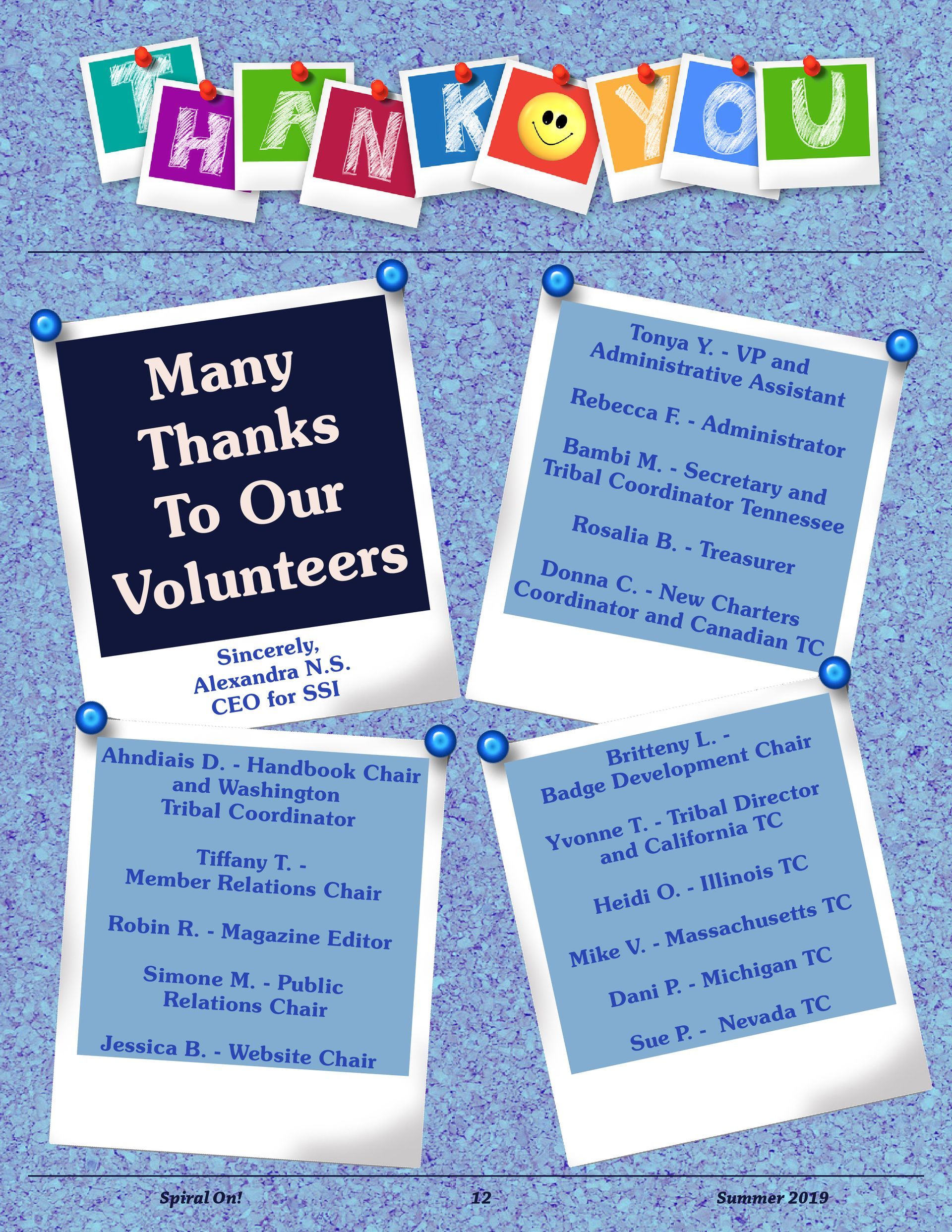 A bulletin board with many thanks to our volunteers written on it, Summer 2019 magazine.