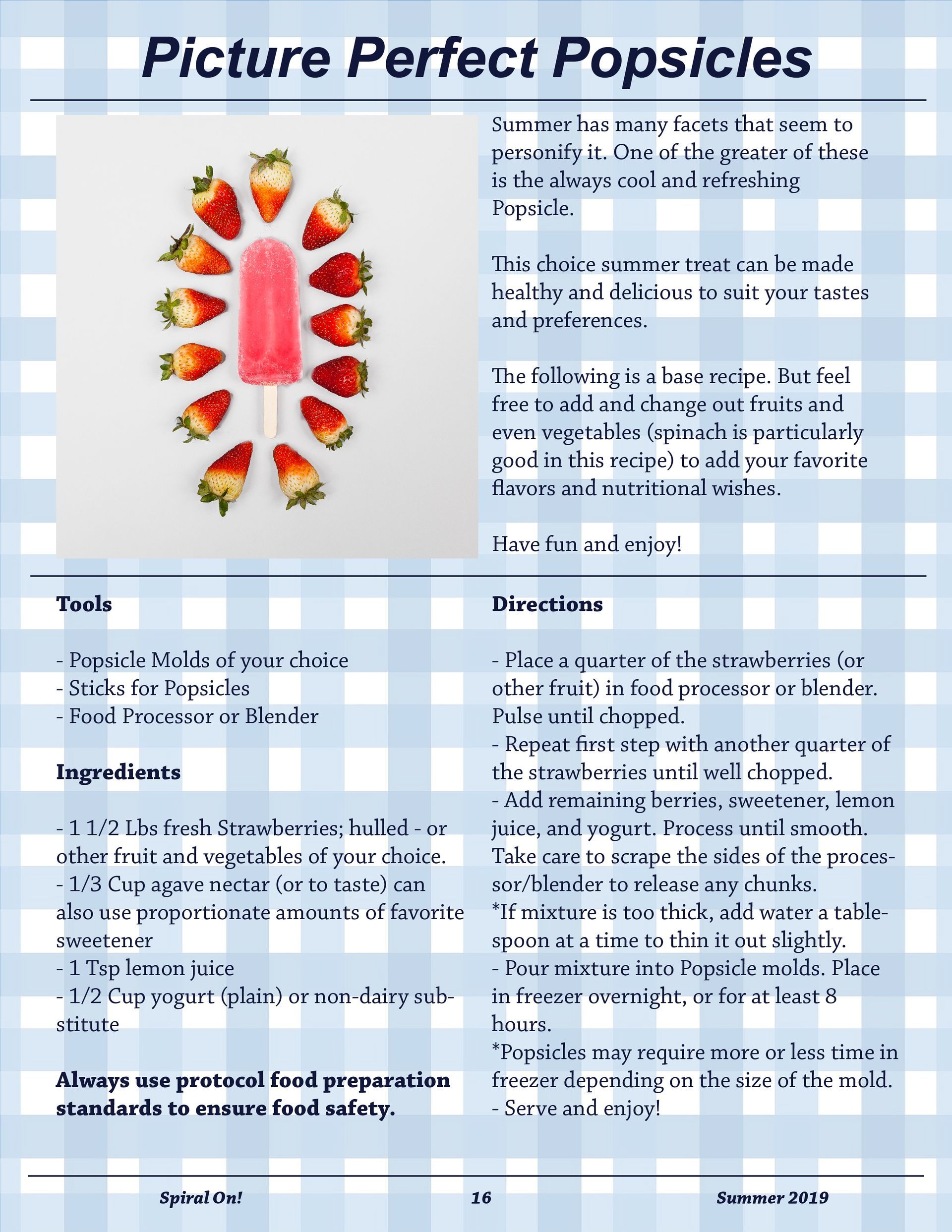 A recipe for picture perfect popsicles with strawberries on it, Summer 2019 magazine.