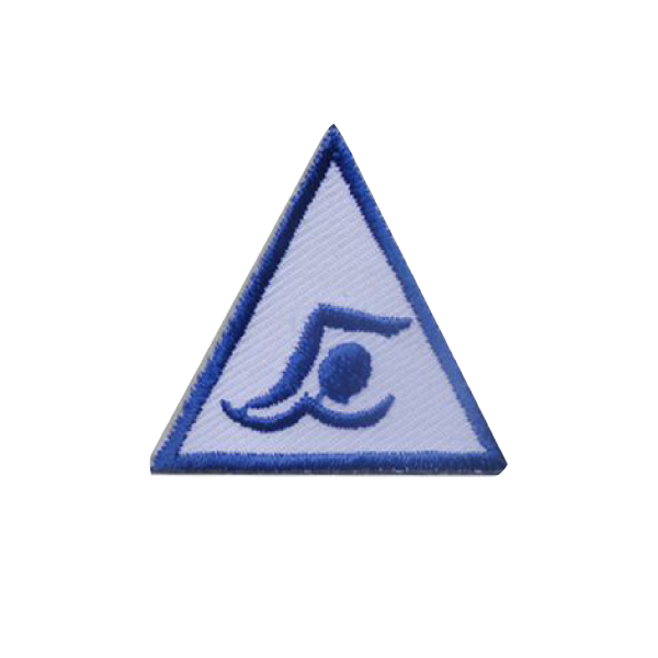 A blue triangle with a person swimming inside of it badge.