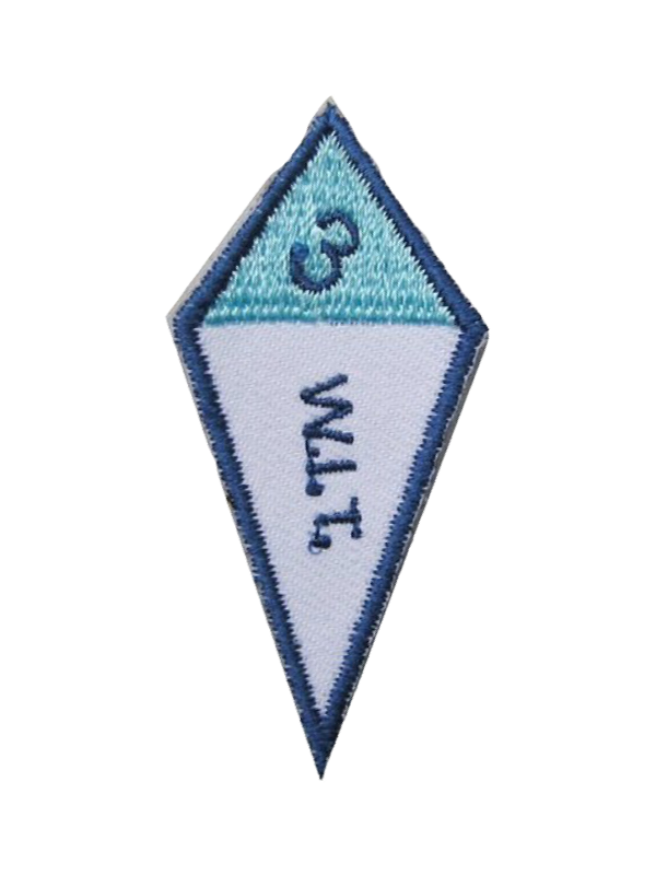 A blue and white patch that says wlt on it award.