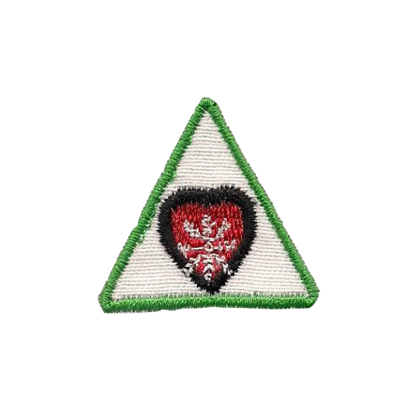 A green and white triangle with a red heart in the middle badge.