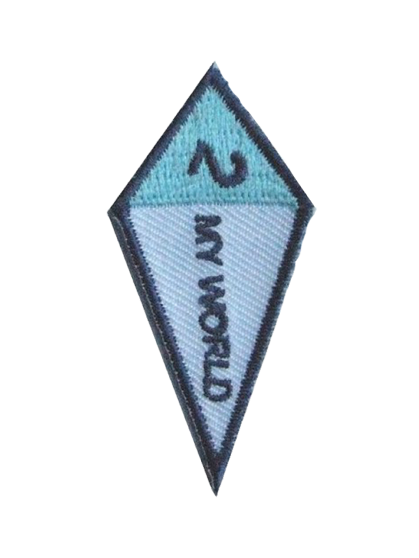 A patch that says 3 my world on it award.
