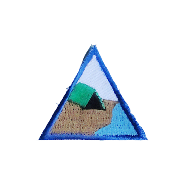 A blue triangle with a picture of a tent on it award.