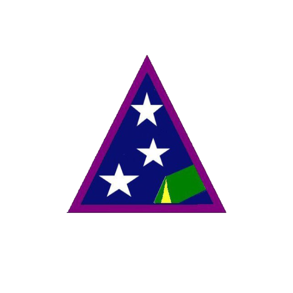 A purple triangle with three white stars on it award.