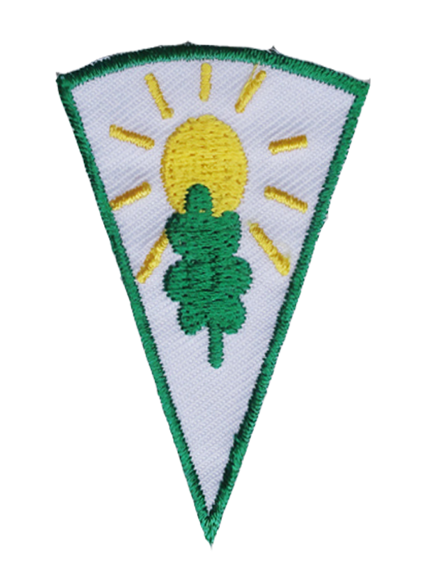A green and white triangle with a tree and sun on it award.
