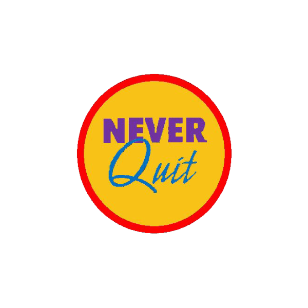 A yellow circle with the words never quit on it award.