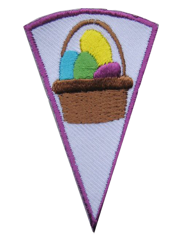 A purple triangle with a basket of easter eggs on it award.