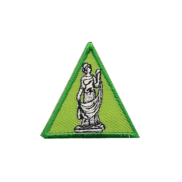A green triangle with a statue on it badge.