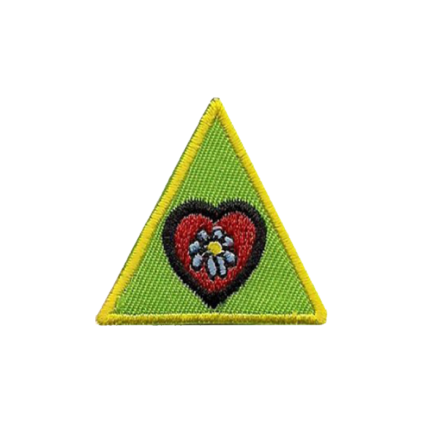 A green triangle with a red heart and a flower on it badge.