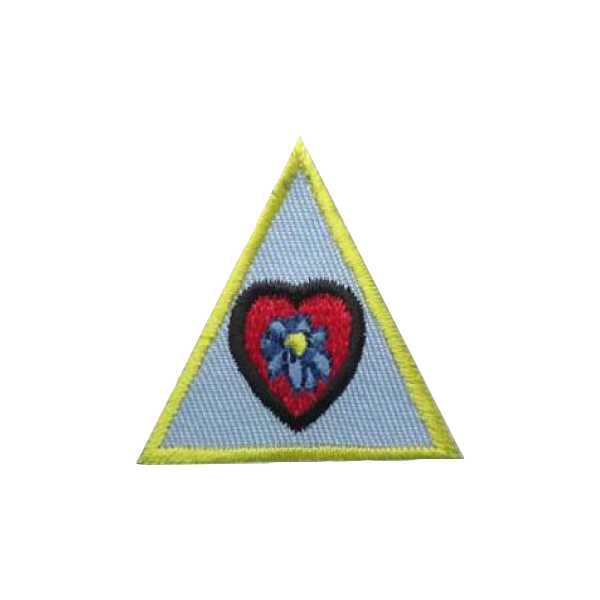 A triangle with a heart and a flower on it badge.