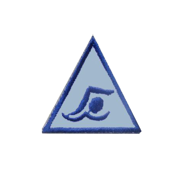 A blue triangle with a person swimming inside of it badge.
