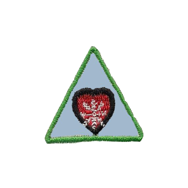 A blue triangle with a red heart in the middle badge.