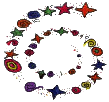 A colorful swirl with stars and circles on a white background