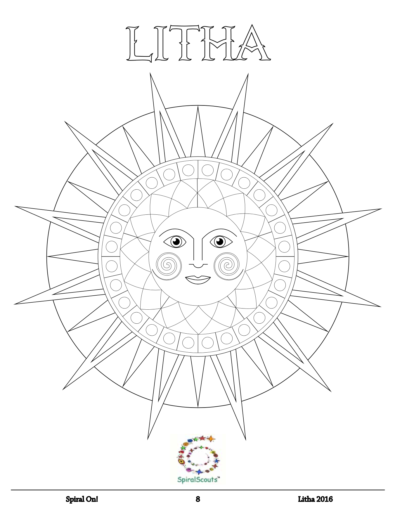 A coloring page of a sun with a face in a circle, Litha 2016 magazine.