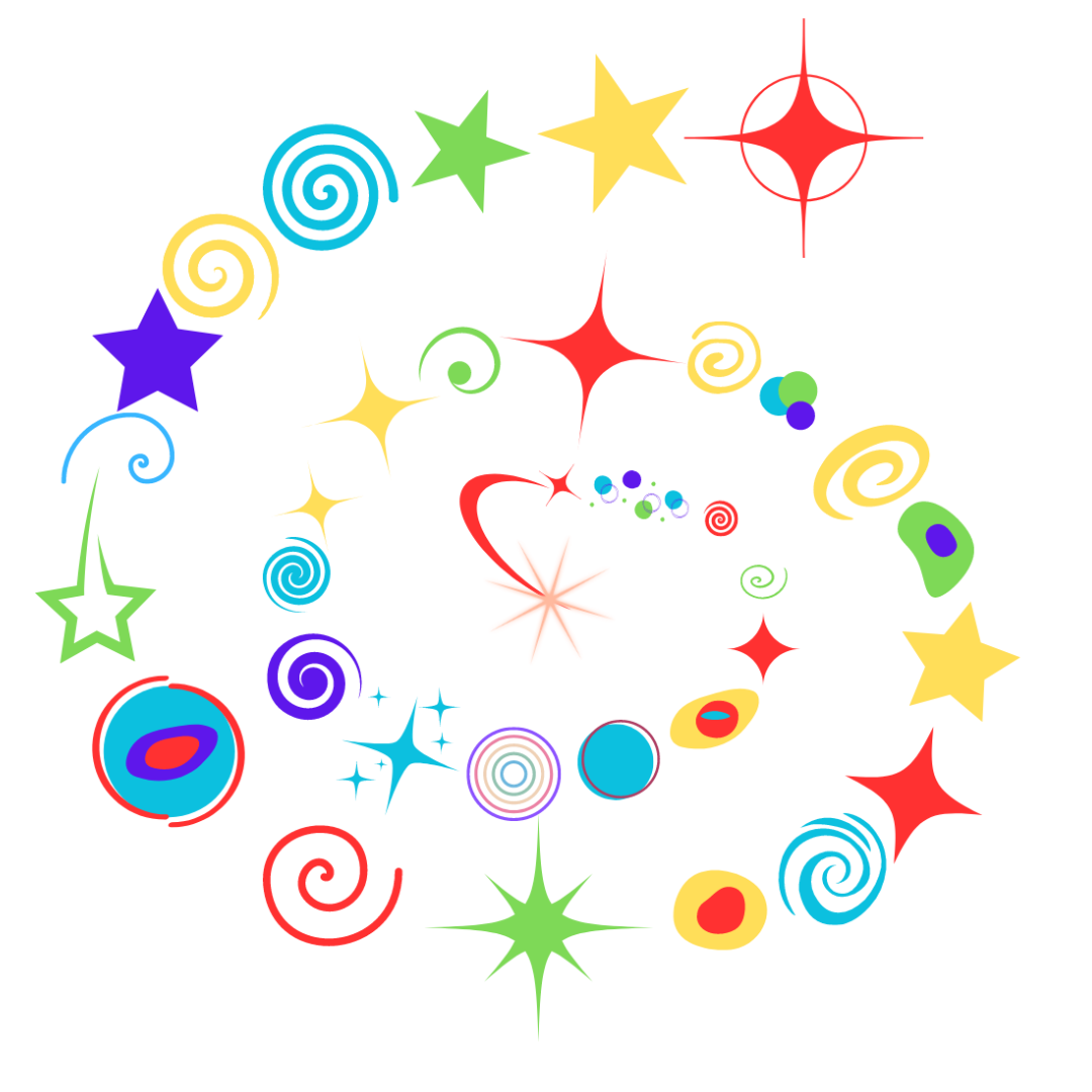 A colorful swirl with stars and circles on a white background