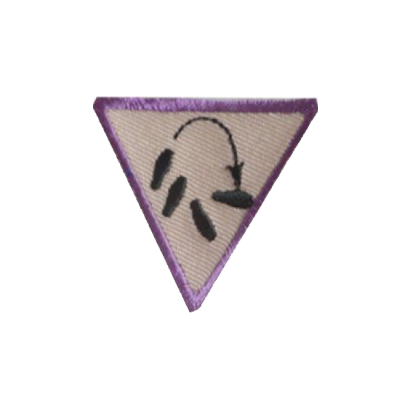 A purple triangle with a picture of a rabbit on it badge.