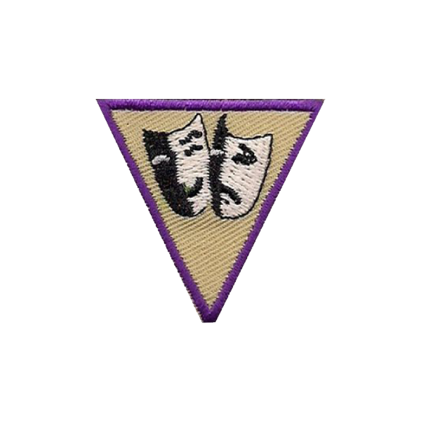 A purple triangle with two masks on it badge.