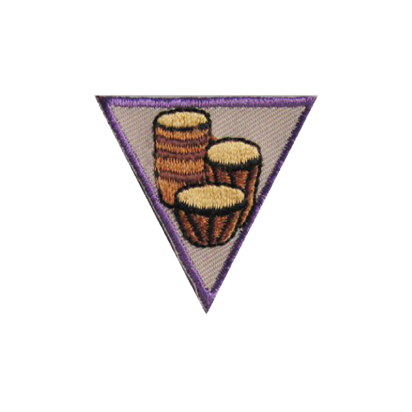 A purple triangle with three drums on it badge.