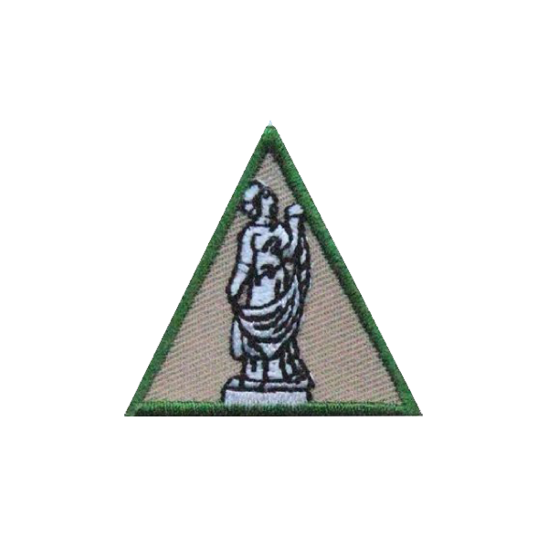 A triangle with a statue in the middle of it badge.