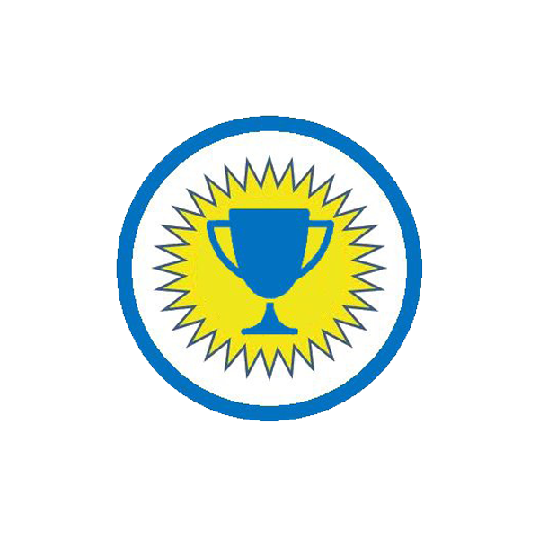 A blue and yellow circle with a trophy inside of it award.