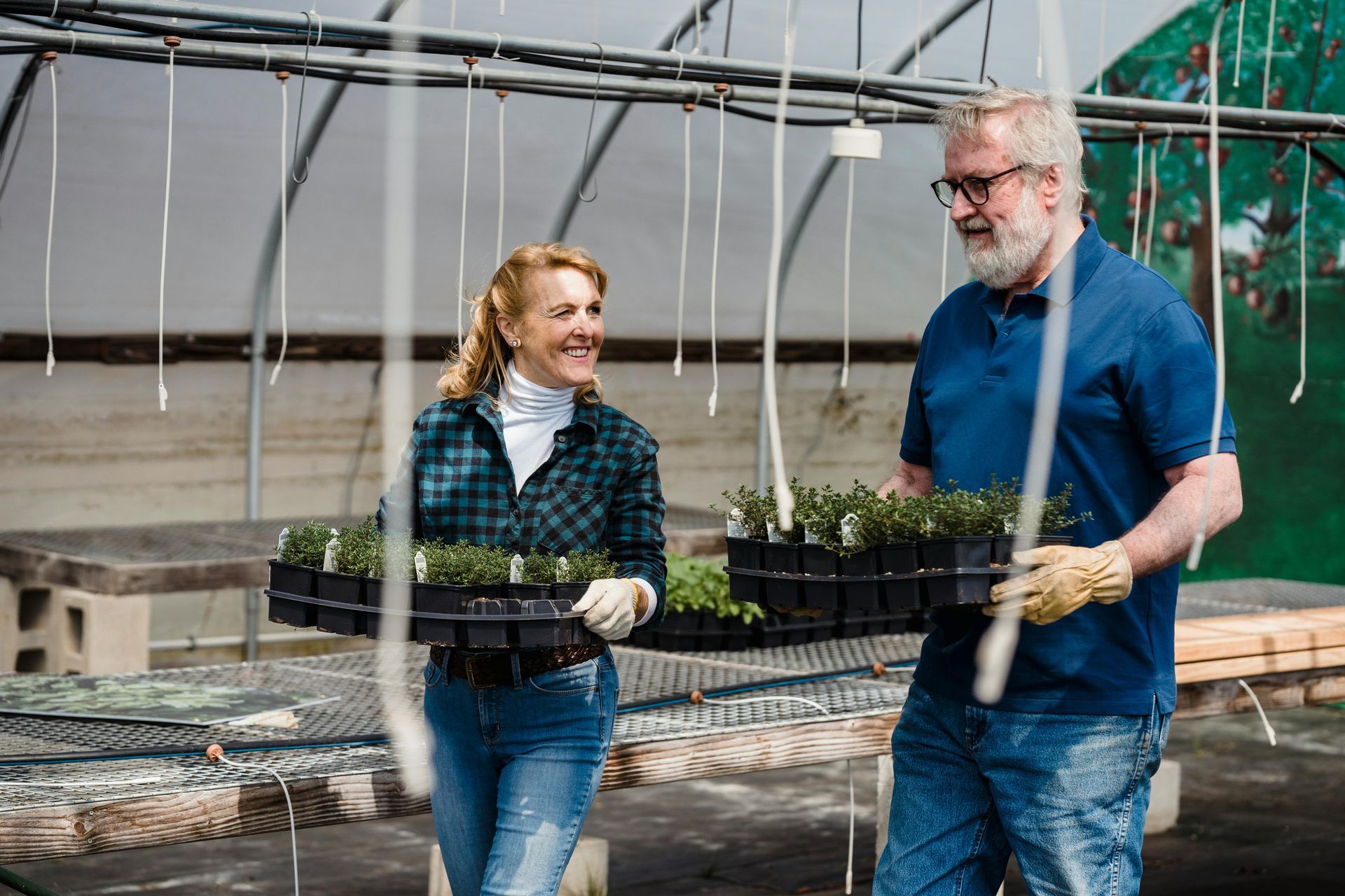 Couple carries trays of seedlings in a greenhouse, smiling.