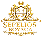 Escudo dorado ornamentado con la inscripción “Sepellos Boyaca” sobre fondo blanco.