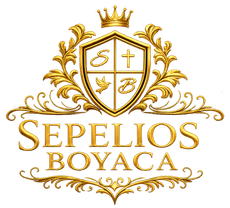 Escudo dorado ornamentado con la inscripción “Sepellos Boyaca” sobre fondo blanco.