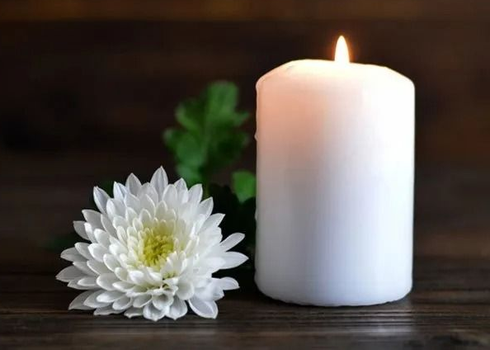 Vela blanca y crisantemo blanco sobre una superficie de madera oscura con hojas verdes al fondo.