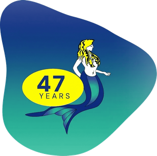 A mermaid with a yellow circle that says 47 years