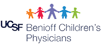 Logo for UCSF Benioff Children's Physicians, featuring five colorful paper-doll-style figures holding hands.