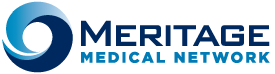 Logo for Meritage Medical Network: a blue circular swirl icon next to the text 